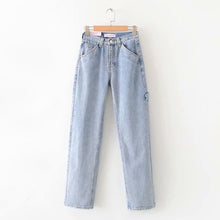 Load image into Gallery viewer, OkuohaoJEANS 2020 New Light Blue Washed Retro High Waist Straight Overalls Slim Long Loose Wide Leg Jeans Women