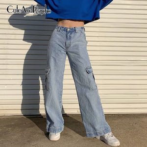 Big Pockets Straight Baggy Denim Jeans Women High Waist Pant Casual Loose Cargo Pant Long Trouser Femme Streetwear Cuteandpsycho