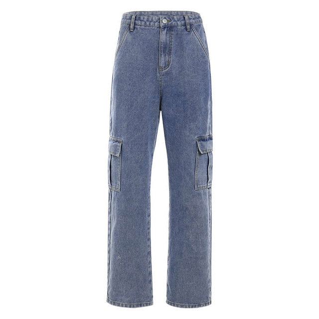 Big Pockets Straight Baggy Denim Jeans Women High Waist Pant Casual Loose Cargo Pant Long Trouser Femme Streetwear Cuteandpsycho