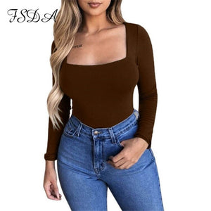 FSDA Long Sleeve Knitted Skinny Bodysuit Women Winter Autumn Winter Solid Square Collar White Black Casual Body Top Jumpsuit