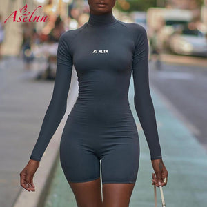 Aselnn KL ALIEN Letter Printed Bodycon Playsuit Women One Piece Jumpsuit Short Sleeve Skinny Bodysuit Rompers Sport Wear outfits